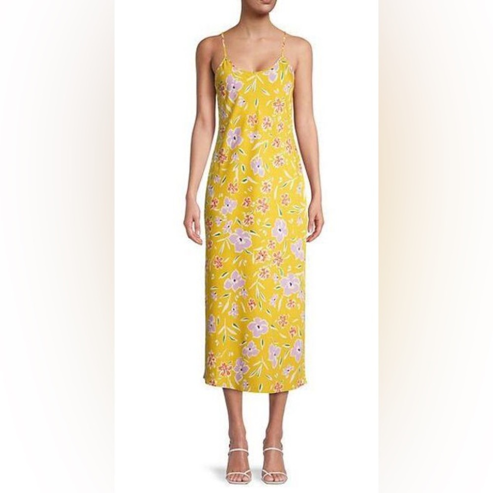 BCBGeneration Women's Yellow Floral Day Slip Spaghetti Strap Midi Dress Sz M